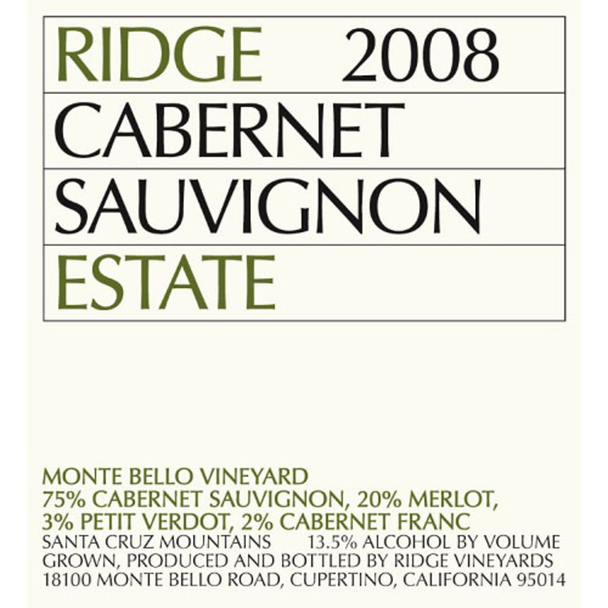 Ridge Estate Cabernet Sauvignon 2008 Front Label