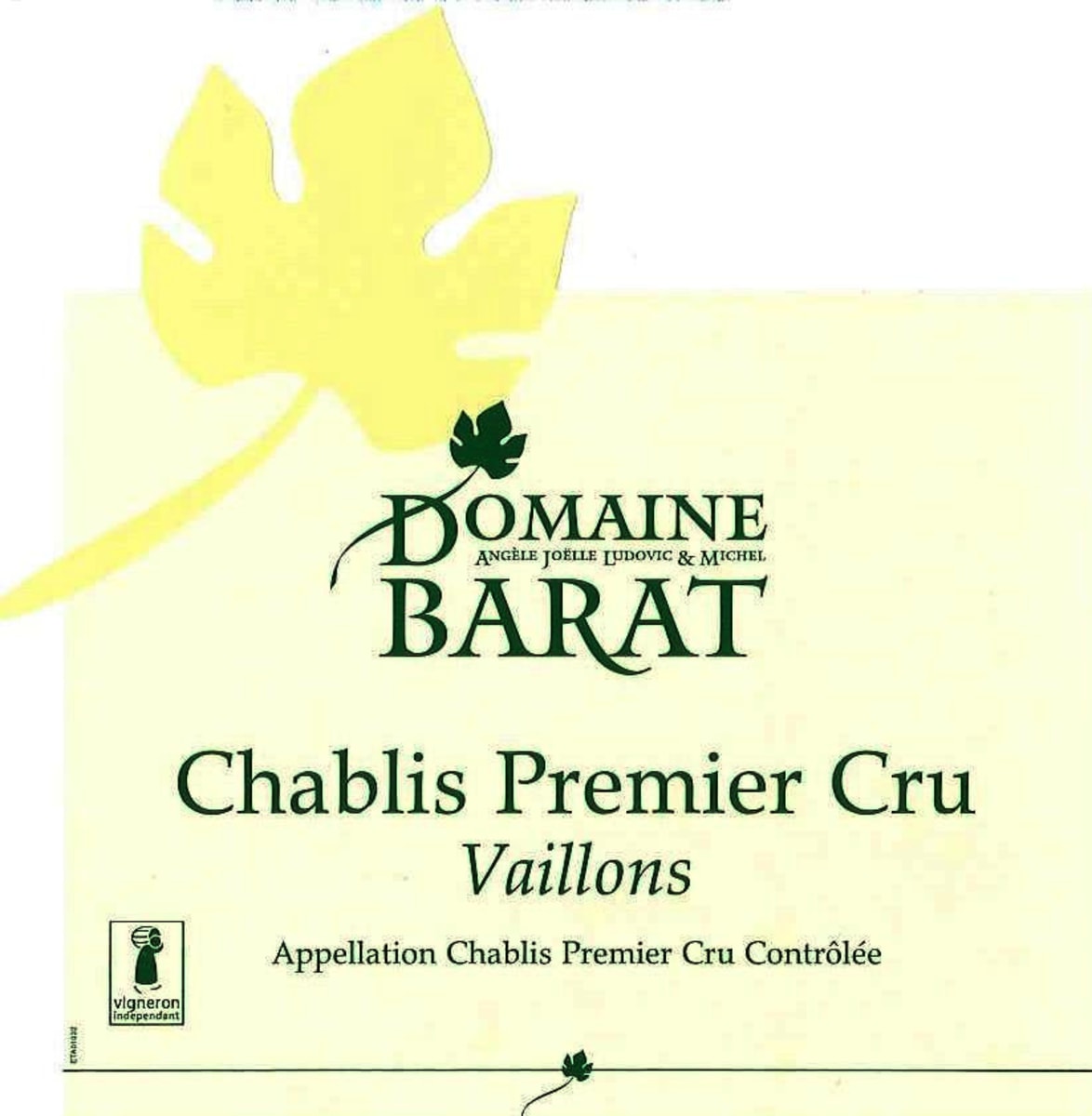 Domaine Barat Chablis Vaillons Premier Cru 2012 Front Label
