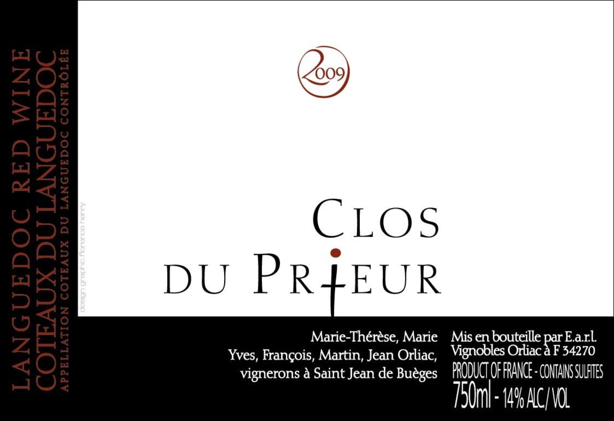 Vignobles Orliac Languedoc Clos du Prieur 2009 Front Label