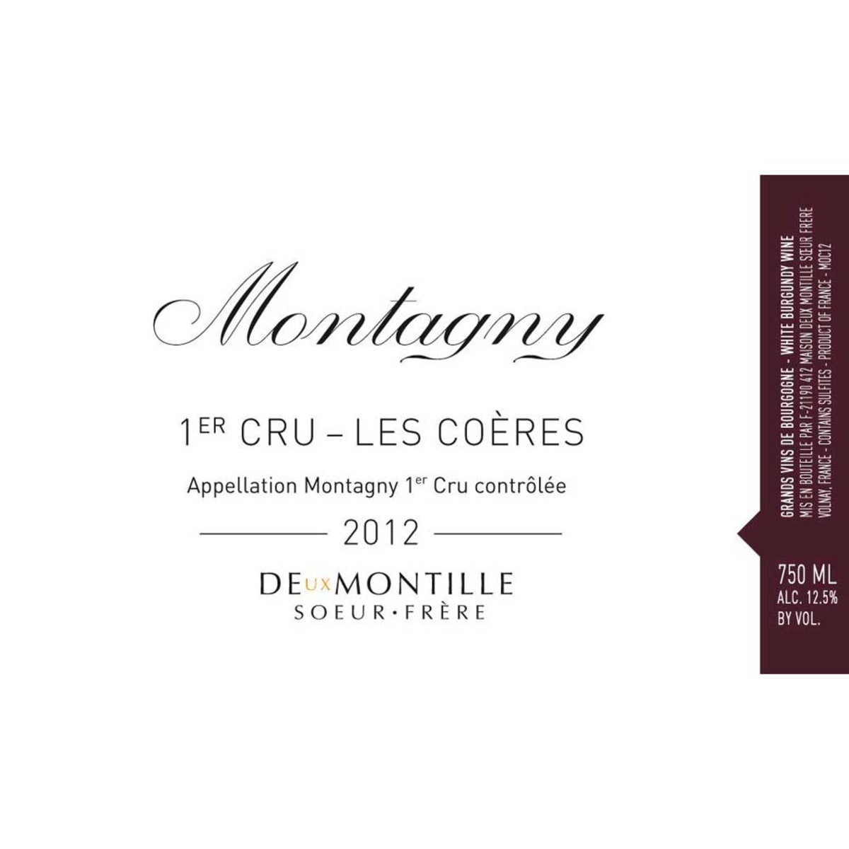 Maison de Montille Montagny Les Coeres Premier Cru 2012 Front Label