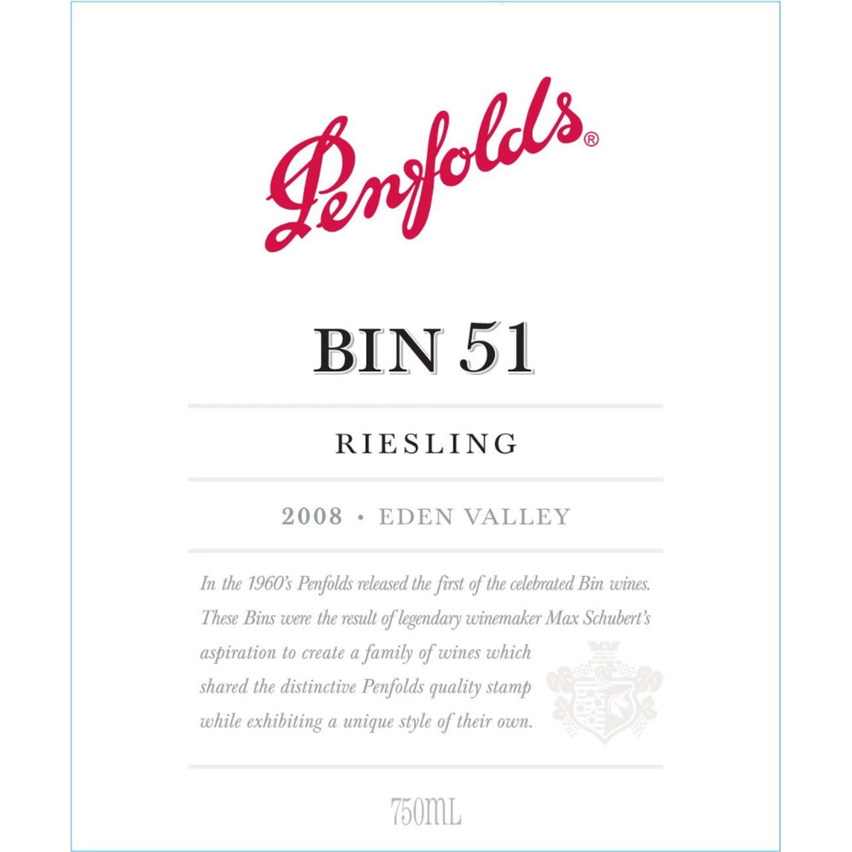 Penfolds Eden Valley Bin 51 Reserve Riesling 2008 Front Label