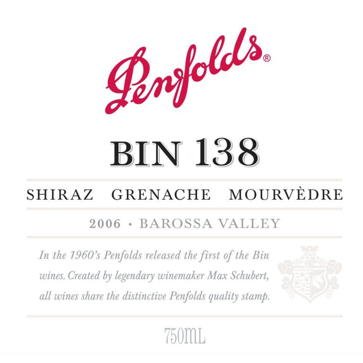 Penfolds Bin 138 GSM 2006 Front Label