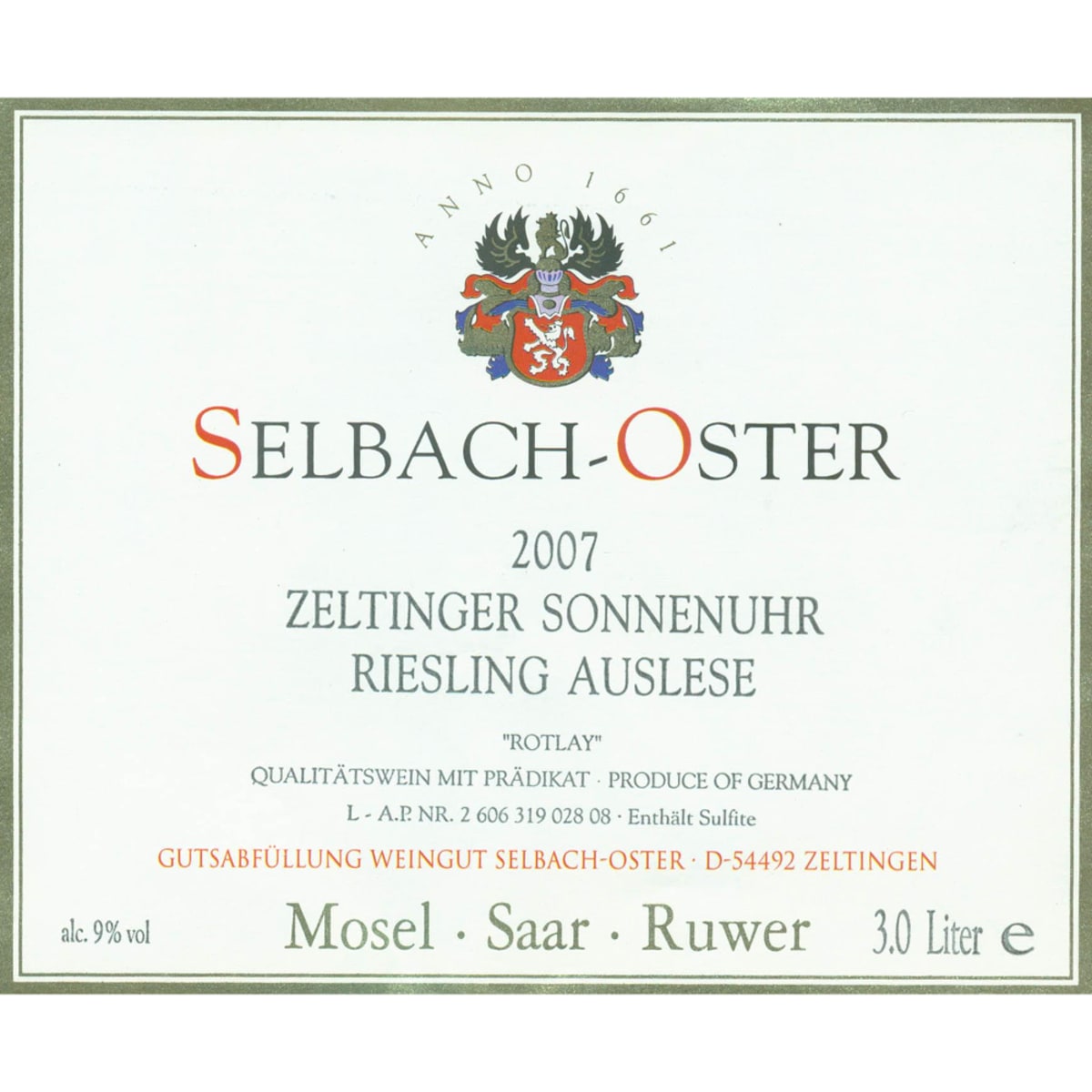 Selbach Oster Zeltinger Sonnenuhr Riesling Auslese Rotlay 2007