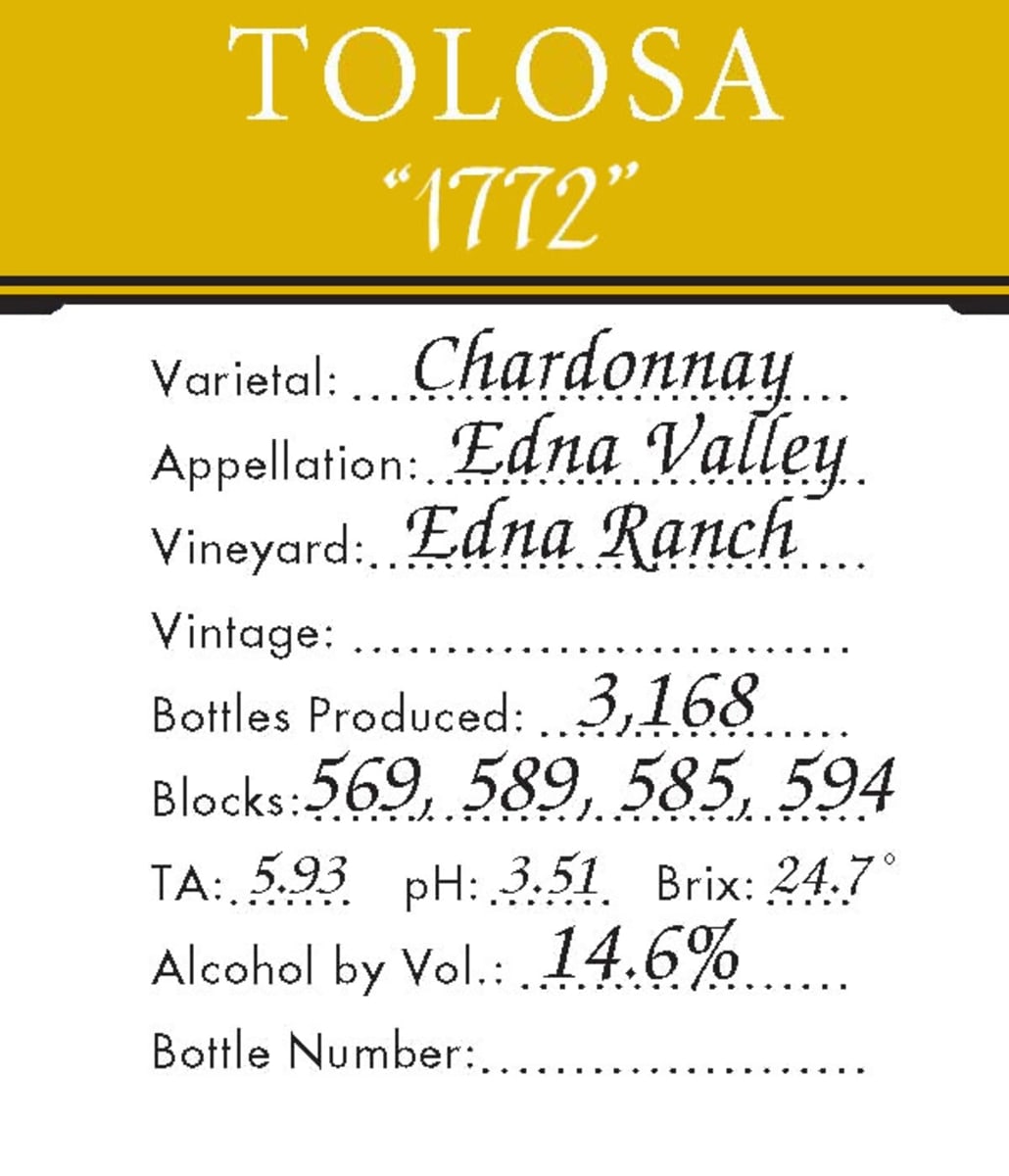 Tolosa Winery 1772 Ranch Chardonnay 2005 Front Label