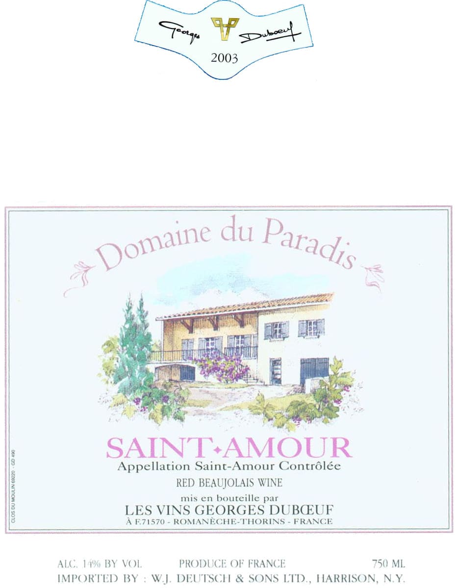 Duboeuf Saint-Amour Domaine du Paradis 2003 Front Label