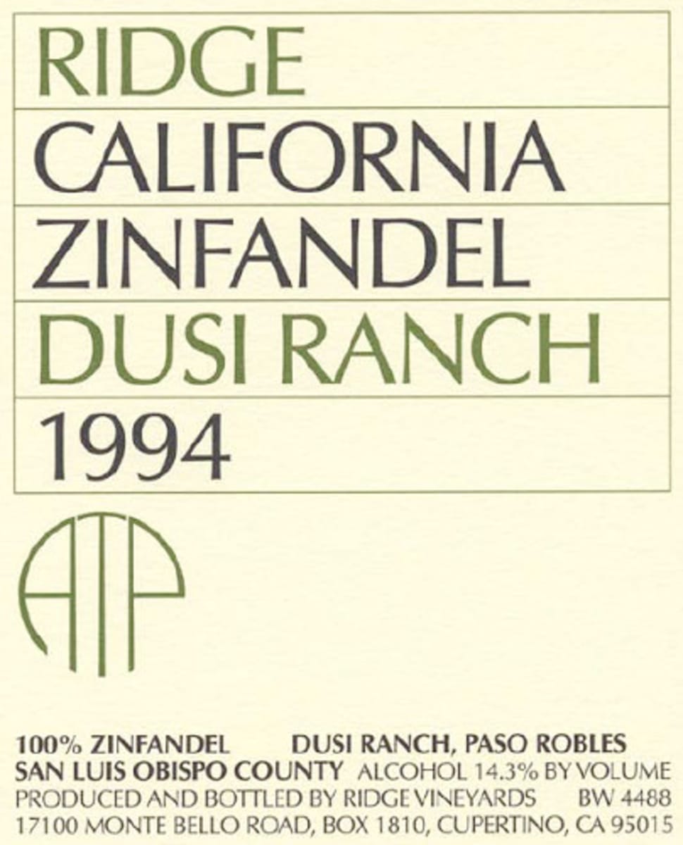 Ridge Dusi Ranch Zinfandel 1994  Front Label