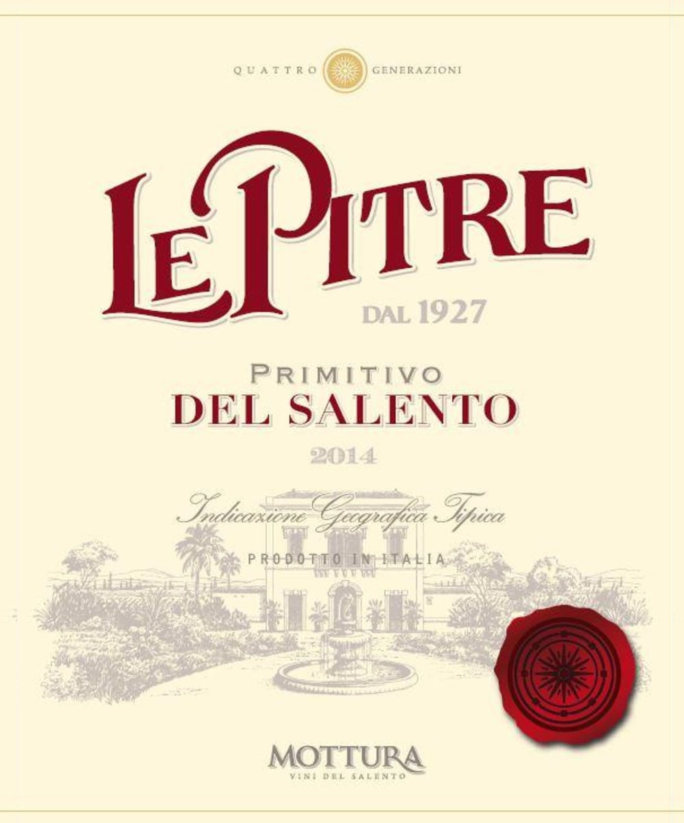 Azienda Mottura Le Pitre Primitivo 2014  Front Label