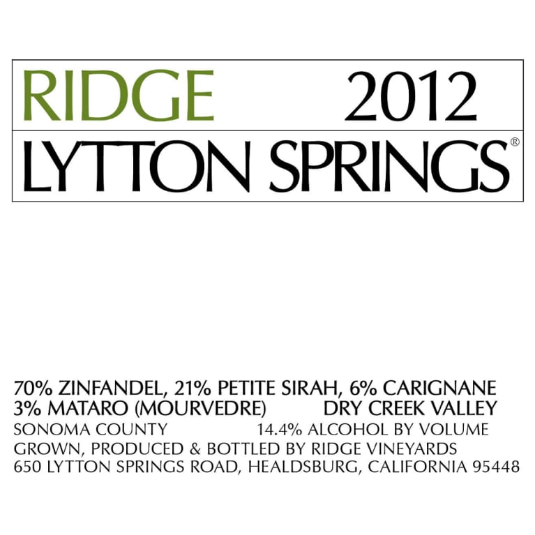 Ridge Lytton Springs Red Blend 2012 Front Label