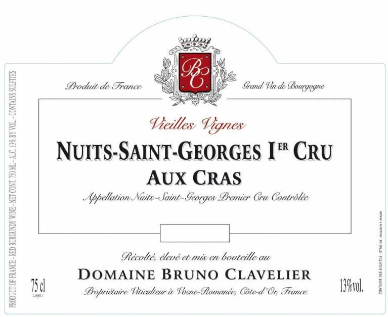 Domaine Bruno Clavelier Nuits-St-Georges Aux Cras Premier Cru Vieilles Vignes 2013 Front Label