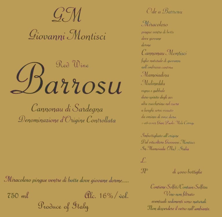 Giovanni Montisci Cannonau di Sardegna Riserva 2012 Front Label