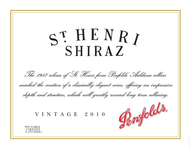 Penfolds St. Henri Shiraz (signed) 2010 Front Label