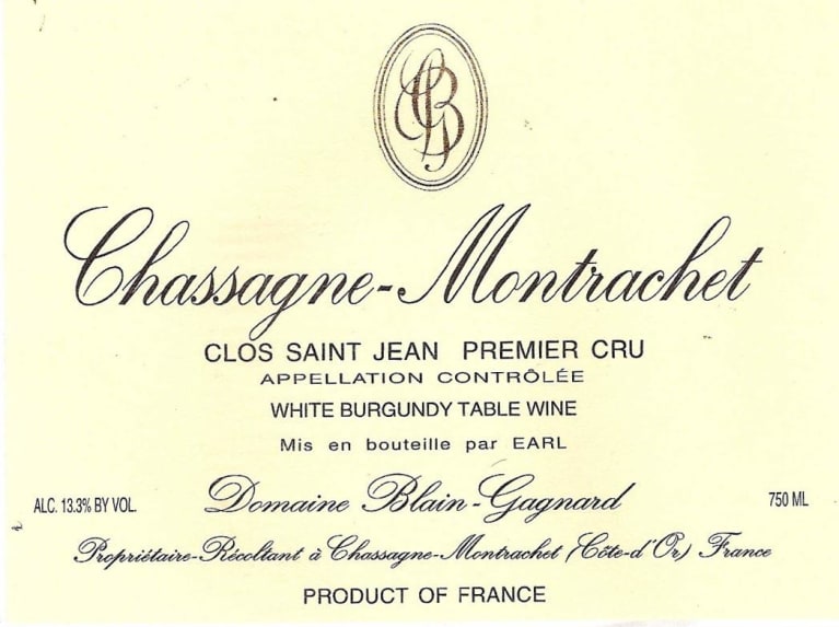Domaine Blain Gagnard Chassagne-Montrachet Clos St. Jean Premier Cru 2016 Front Label