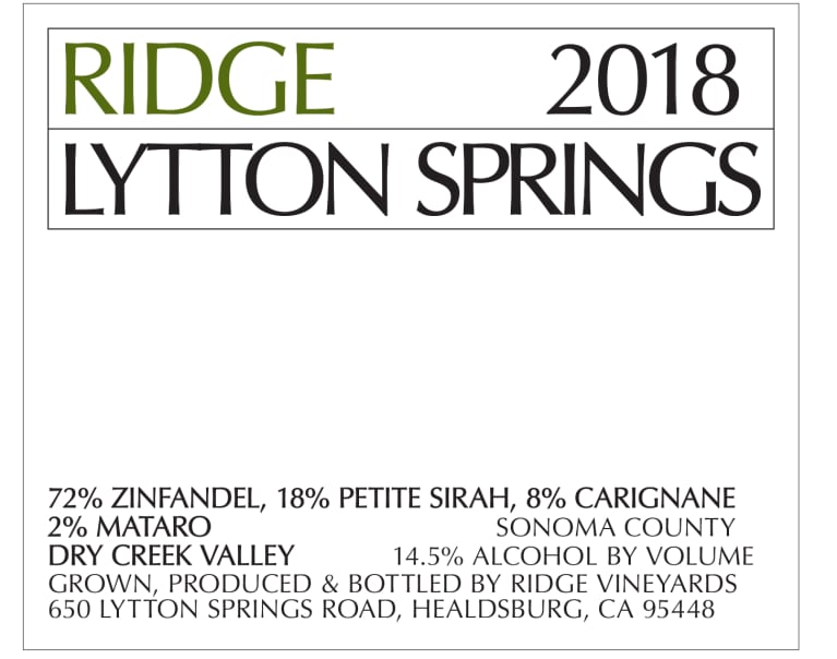Ridge Lytton Springs (3 Liter Bottle) 2018