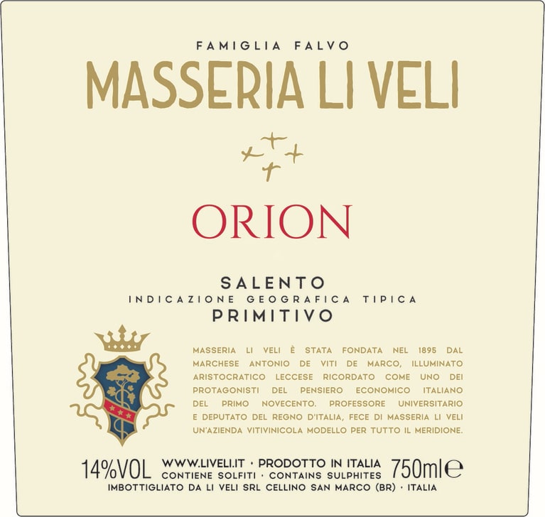 Li Veli Orion Primitivo 2021 Front Label