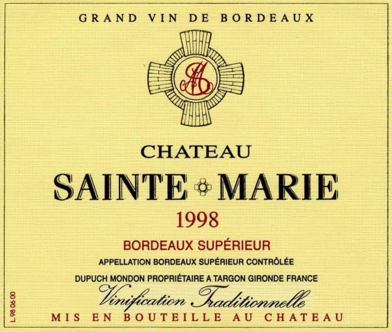 Chateau Sainte Marie Bordeaux Superieur Rouge 1998