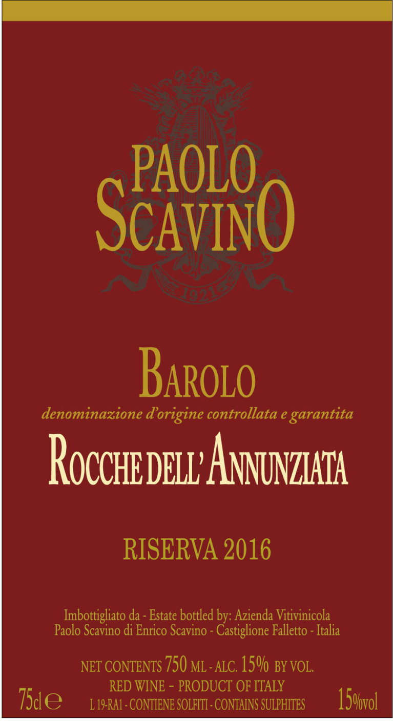 Paolo Scavino Barolo Rocche dell'Annunziata Riserva 2016 Front Label