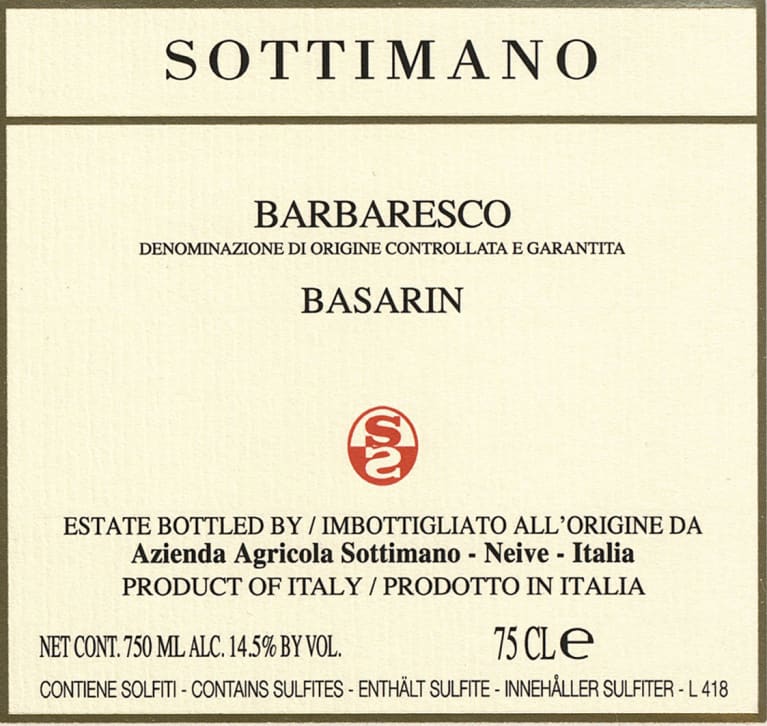 Sottimano Barbaresco Basarin 2019 Front Label